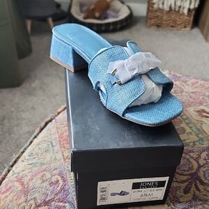 Jones New York Blue RAFFIA Sandals with HORSE BIT Detail